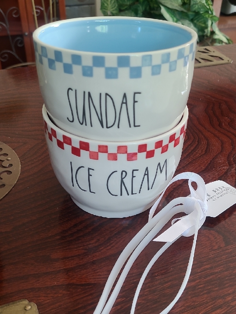 Rae Dunn Red & Blue Checker Ice Cream and Sundae Ceramic Bowl Set